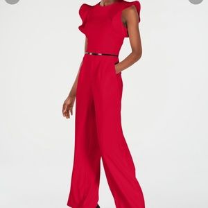 Calvin Klein belted ruffle sleeve jumpsuit